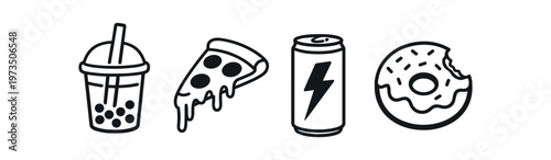 Fast snack icon set. bubble tea, pizza slice, energy drink can, bitten donut, fast food treats. line and flat vector illustration.