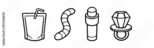 Y2k snack and small product icon set. juice pouch, gummy worm, lip balm, gemstone ring, candy accessories. line and flat vector illustration.