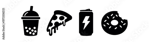 Fast snack solid icons set. bubble tea, pizza slice, energy drink can, bitten donut, food silhouettes. flat vector illustration.