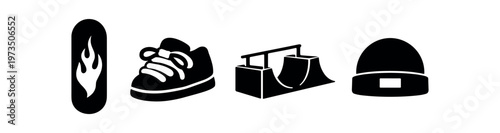 Skateboarding icons icon set. skateboard, shoe, mini ramp, beanie, street sport, urban fashion. flat vector illustration.
