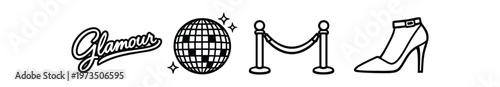 Glamour and nightlife icon set. script glamour sign, disco ball, velvet rope stanchions, high heel shoe. line and flat vector illustration.