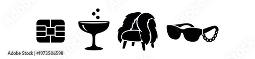 Fashion and lifestyle icon set. smartcard, cocktail glass, fur armchair, sunglasses with necklace. flat vector icon set.