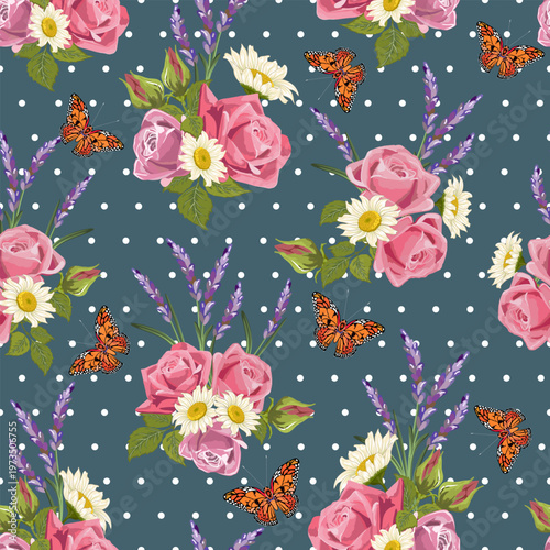 Colorful polka dot background with flower bouquets.Vector pattern with bouquets of flowers on a colored background with polka dots.