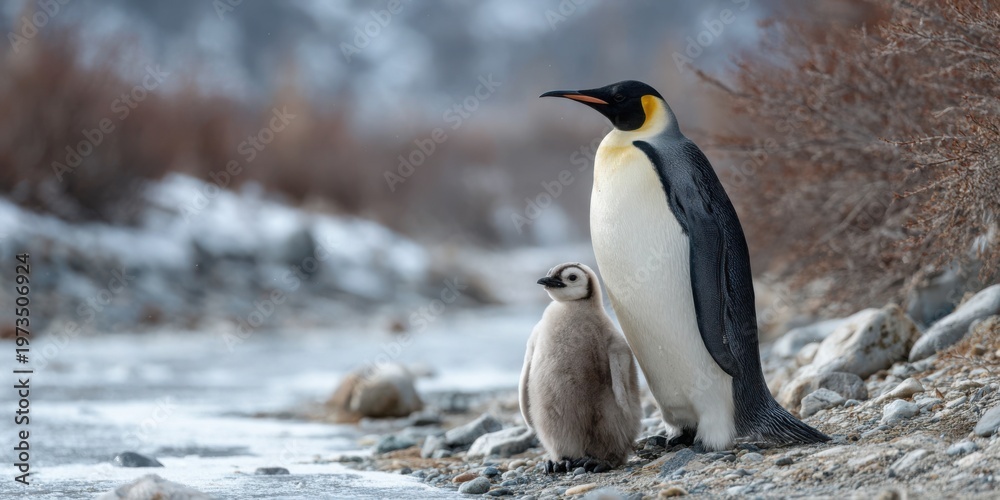 Fototapeta premium Penguin Parent and Chick Wildlife Snow Scene Protective Nature Concept