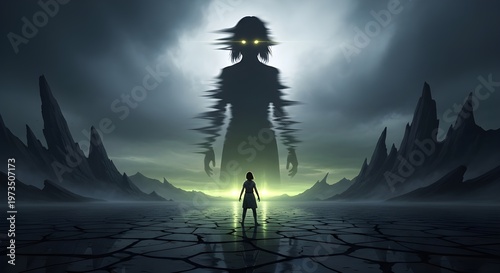A small child standing before a giant shadowy figure with glowing eyes in a desolate wasteland