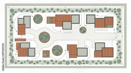 Aerial view of modern residential complex layout with curved pathway, landscaped courtyards, trees, buildings, white background