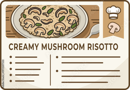 Creamy Mushroom Risotto Recipe Card Illustration with Ingredients and Instructions