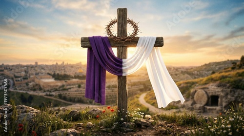 Sacred Cross: A serene cross, adorned with cloth and a crown of thorns, stands against a city skyline, capturing the essence of spirituality and faith.