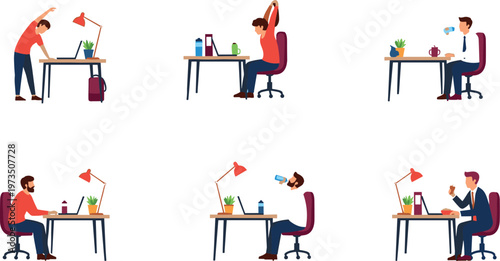 Office workers daily routine set with employees sitting stretching working at desk using laptop and smartphone in modern workspace vector illustration