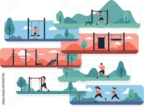 Outdoor fitness workout scenes with people exercising running stretching and training in nature healthy lifestyle activity vector illustration set