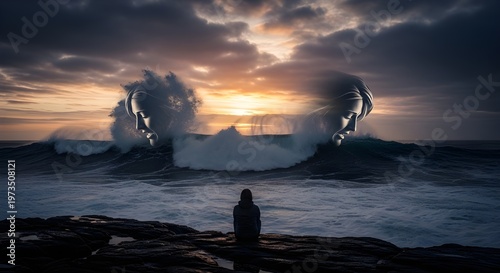 A solitary figure stands on a dark beach watching a surreal sunset with floating metallic spheres