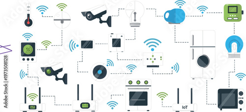 Smart home automation system with connected IoT devices including cameras sensors appliances and wireless network communication in modern flat vector illustration style