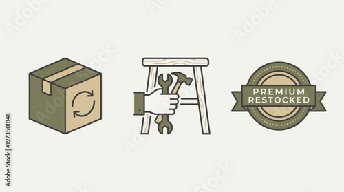 cardboard box recycling symbol hand tools saw wrench premium restocked badge