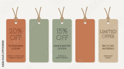 Five horizontal eco sale tags on white, 20% off sustainable luxury, 15% handcrafted goods, limited recycled offer, top view product photo