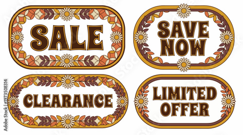 Four oval floral-bordered promotional stickers displaying SALE, SAVE NOW, CLEARANCE, LIMITED OFFER on white background