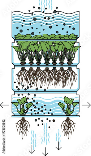 Water hyacinth filtration system diagram showing layered aquatic plant roots purifying wastewater through natural biofiltration process vector illustration