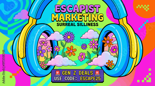 Playful advertisement featuring blue headphones with yellow accents and colorful flowers over bright green background