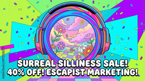 Surreal psychedelic sale flyer with whimsical bird, flowers, trees, and bold discount text on vibrant backdrop