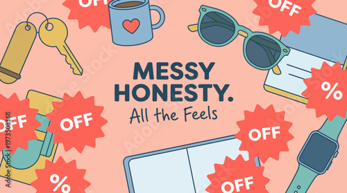 Playful overhead view of messy honesty concept featuring scattered sunglasses, smartwatch, keys, wallet, coffee cup on pink backdrop