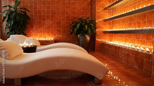 Interior of a spa relaxation room with orange terracotta tiled walls and floor, featuring white curved lounge chairs, many lit tea light candles on shelves, and green indoor plants.