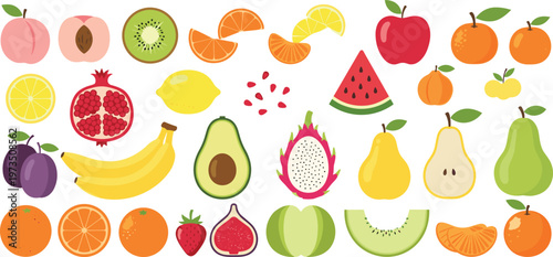 Colorful Set of 24 Fresh Fruits Including Watermelon, Orange, Kiwi, Pear, Strawberry, Avocado, Pomegranate, and More for Healthy Eating, Nutrition, and Food Designs