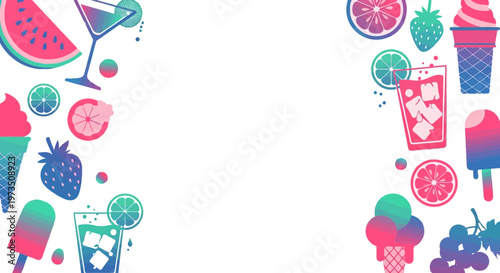 Summer Background Frame with Vibrant Gradient Illustrations of Ice Cream, Cocktail Drinks, and Tropical Fruits on White Background.