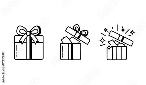 A set of three gift box icons in a minimalist line art style