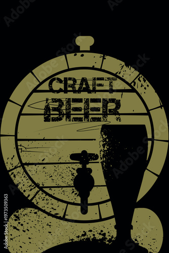 A rustic craft beer concept, represented by the silhouette of a wooden barrel and a glass of ale. Rough textures and a black background create an authentic tavern atmosphere for the menu