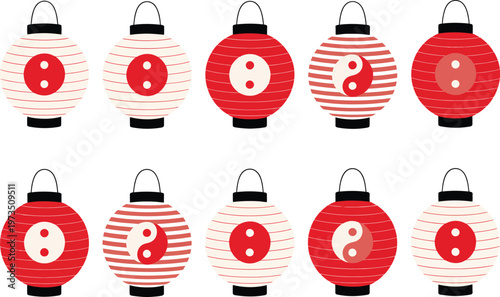 Collection of Red and White Japanese Lanterns with Yin Yang Symbols