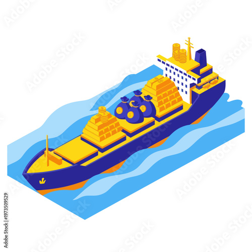 Isometric Cargo Ship Illustration with Containers and Blue Waves.