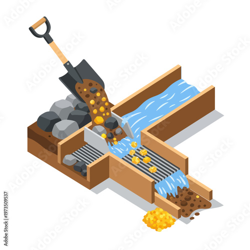Gold Panning Operation with Sluice Box and Shovel Illustration.