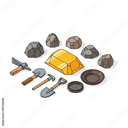 Gold Mining Tools and Rocks Illustration for Prospecting.