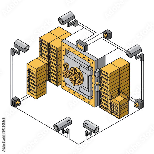Isometric Vault Surrounded by Security Cameras and Gold Bars.