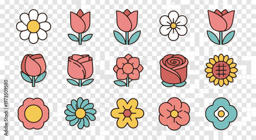 Flowers icon set. Flowers isolated on transparent background. Flowers in modern simple. Cute round flower plant nature collection. Vector illustrator.