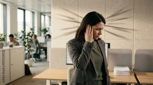 Stressed businesswoman covering ears with noise lines, workplace anxiety and sensory overload concept