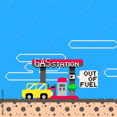 Yellow Car Parked at front of Gas Station with the 'Out of Fuel' at the Sign on the Blue Sky, Pixel Art 