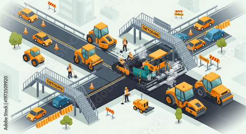 Urban road construction crew with heavy machinery.