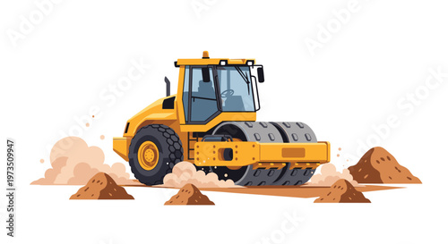 A powerful yellow soil compactor moves through a construction site kicking up clouds of dust while working between several large mounds of brown earth.