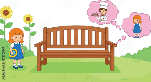 Cute little girl standing near park bench thinking about future dream professions cartoon vector illustration