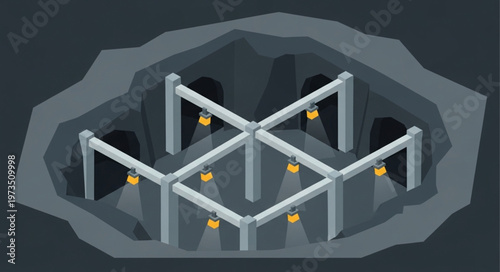 Underground mine tunnel with support beams and lights.