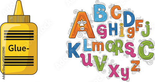 School glue bottle with colorful alphabet letters doodle typography educational design cartoon vector illustration
