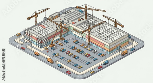 Urban commercial mall construction site with cranes.