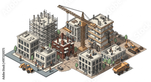 Urban building construction site with tower crane.