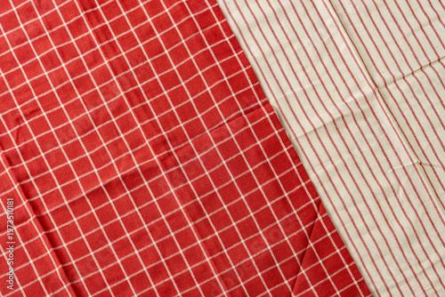 Red and white checkered and striped fabric patterns.