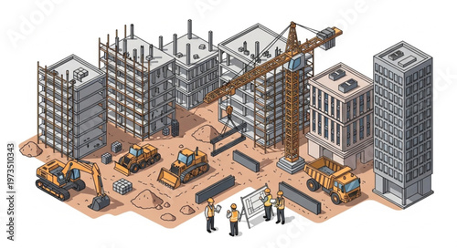 Urban construction site with crane workers and buildings.