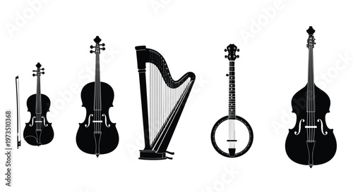 A diverse array of musical instrument silhouettes including a harp and a banjo is presented in a clean horizontal line against a stark white background.