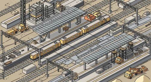 Urban commuter train platforms and multiple passenger trains.