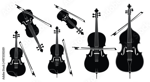 A collection of elegant black silhouettes featuring various classical string instruments like violins and cellos is displayed with their bows on a white background.