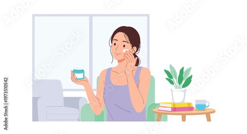 A cheerful young woman in a lavender tank top carefully applies nourishing face cream while relaxing in a cozy green armchair by a bright sunny window.