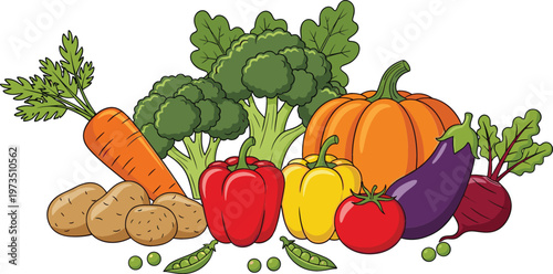Fresh vegetables collection with carrot, broccoli, pumpkin, pepper, tomato and eggplant healthy organic food vector illustration